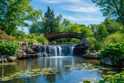 pond with a waterfall and a bridge, with a blue sky and green trees