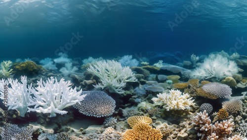 The vibrant colors of coral ecosystems fade to pale white as rising ocean temperatures induce widespread bleaching events caused by climate change