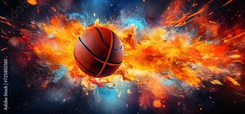 Basketball with brightly colored splashes. Banner with space to copy