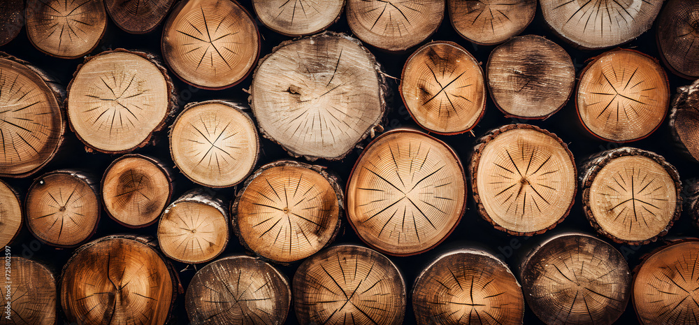 Stack of wooden stumps slices in cross section texture background