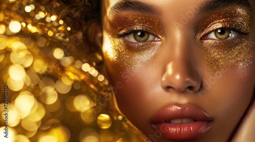 Fashion portrait of young beautiful woman with golden make up and sparkles
