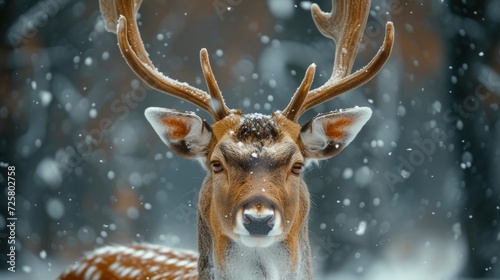 A beautiful deer with big antlers close-up in a snowy forest