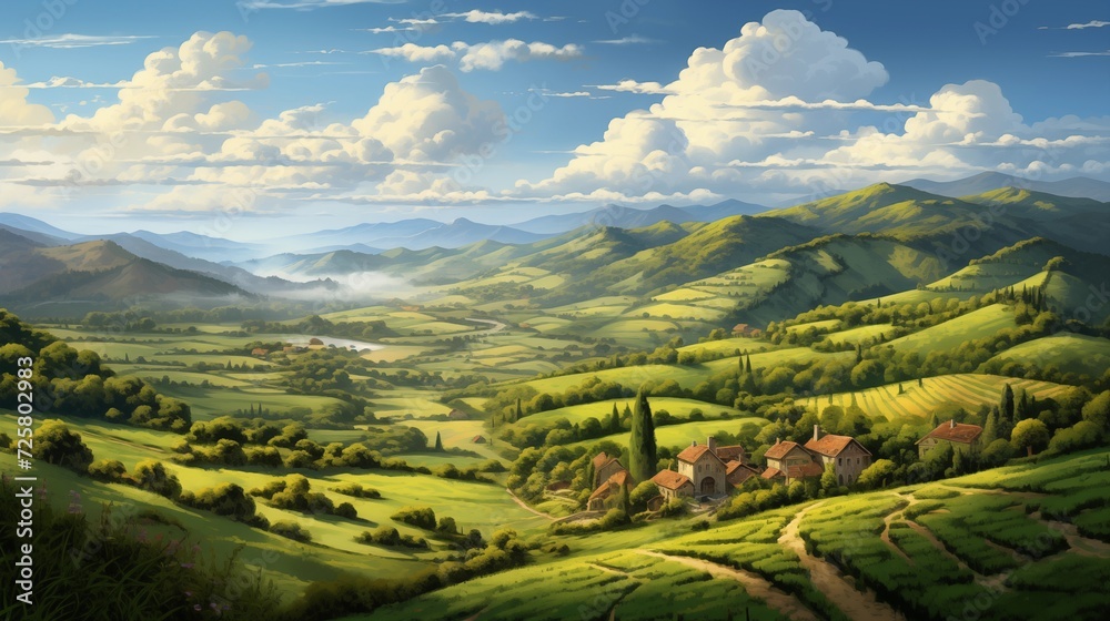 Picturesque landscapes of a sunlit countryside, featuring rolling hills and peaceful valleys