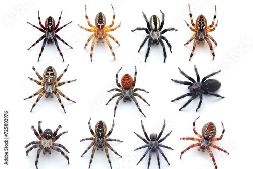 A group of spiders sitting on top of a white surface. Can be used to depict arachnophobia or as a Halloween-themed image