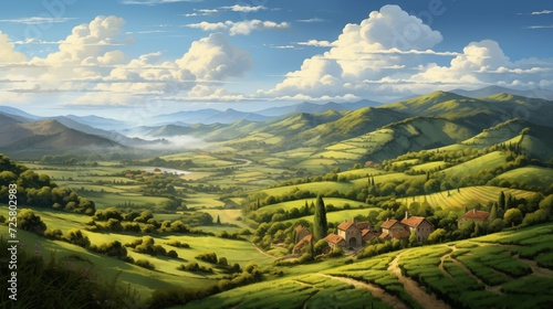 Picturesque landscapes of a sunlit countryside, featuring rolling hills and peaceful valleys