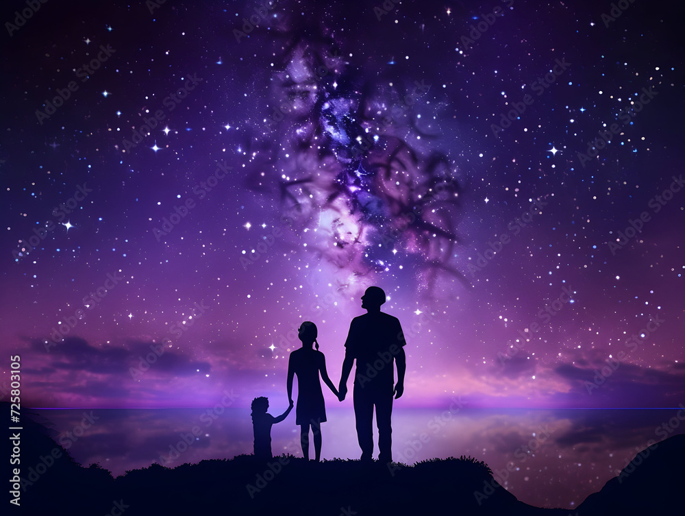 Silhouettes of family in the night sky with stars 