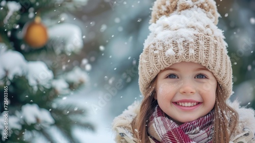 A little girl wearing a hat and scarf in the snow. Suitable for winter-themed designs and seasonal promotions
