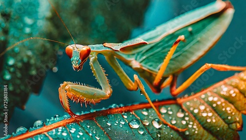 Praying mantis on a dewy leaf