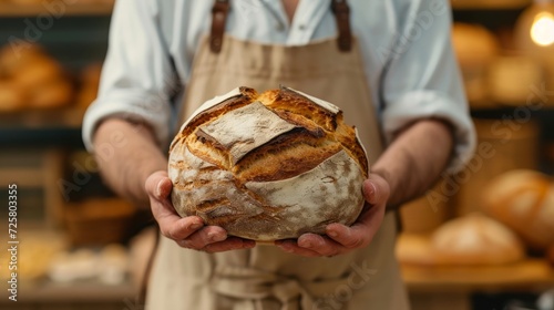 A baker stands in a bakery and holds a loaf of freshly prepared warm bread in...