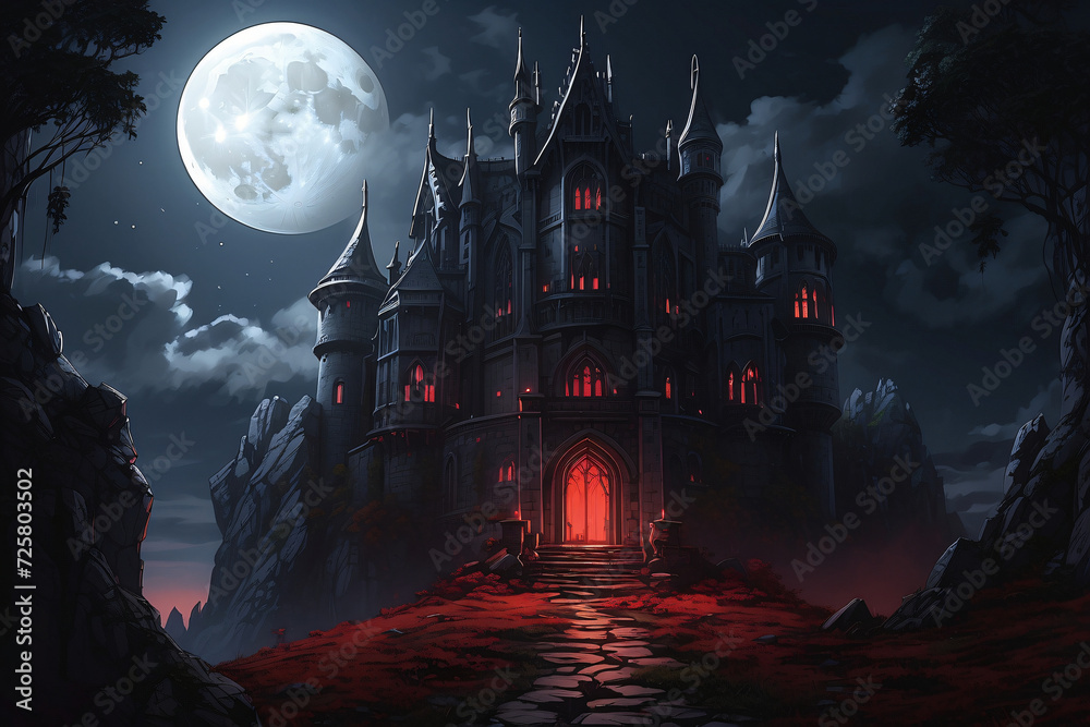 3d house of witches and scary red moon
