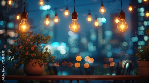 A garland of light bulbs hangs on a beautiful modern terrace.