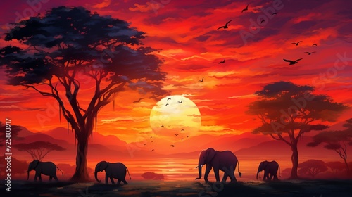 Silhouettes of elephants, giraffes, and acacia trees against a vibrant African sunrise