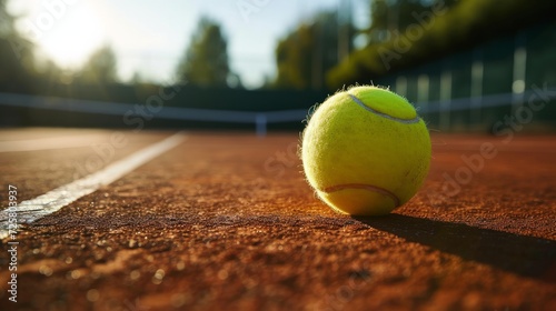Close up of tennis ball lying on tennis court on sunny day, copy space © Orxan