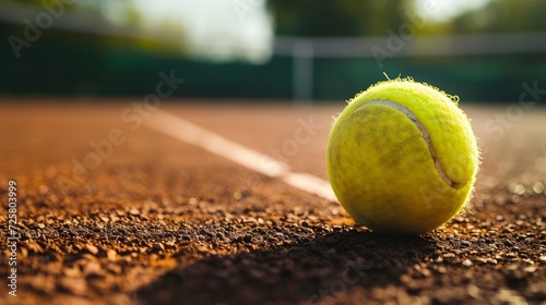 Close up of tennis ball lying on tennis court on sunny day, copy space