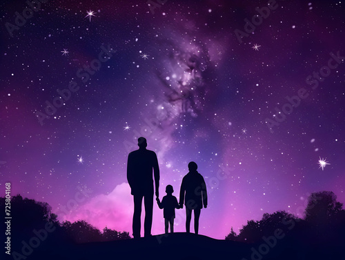 Silhouettes of family in the night sky with stars 