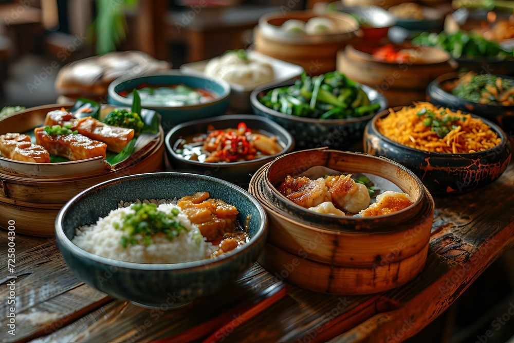 Dim sum in a bamboo steamer on a dark background. Traditional Asian dumplings. Concept: cooking and international cuisine and gastronomic tourism
