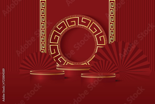 Chinese New Year background product display podium with golden paper cut style. Vector