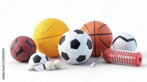 Different sport balls and equipment. Soccer  ffotball  basketball  handball rugby and volleyball balls  hockey puck and badminton shuttlecock isolated on white. 3d illustration