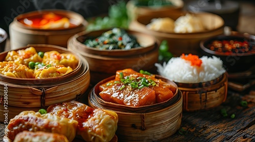 Dim sum in a bamboo steamer on a dark background. Traditional Asian dumplings. Concept: cooking and international cuisine and gastronomic tourism 