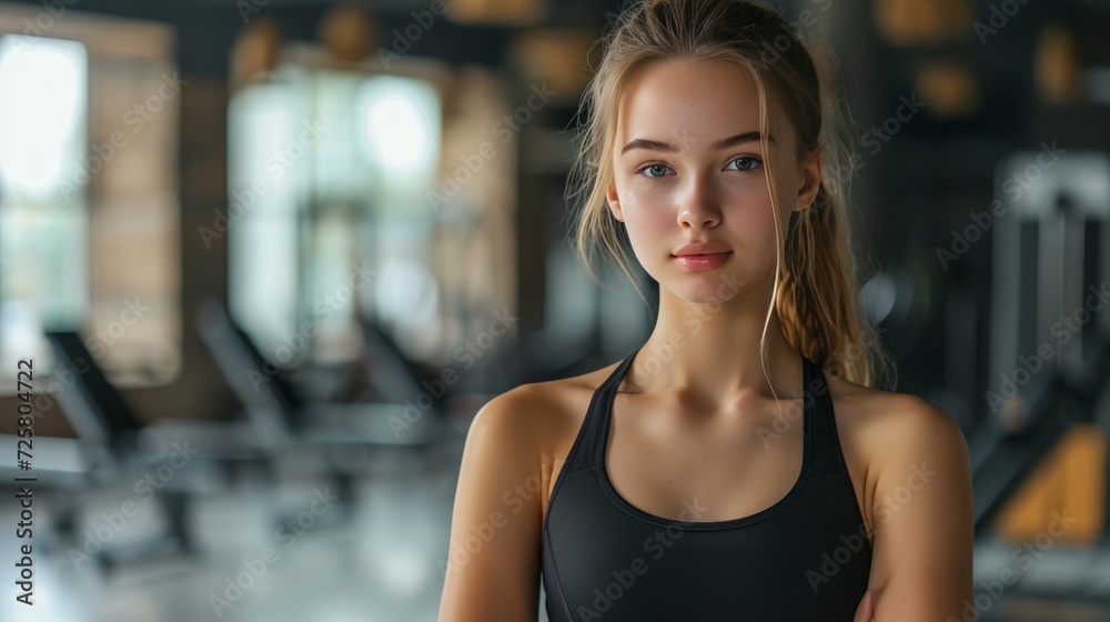 A beautiful young girl in black leggings and a black top stands against the backdrop of the gym.