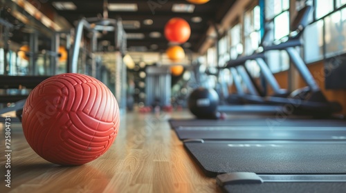 Different sports equipment and fitness ball in gym