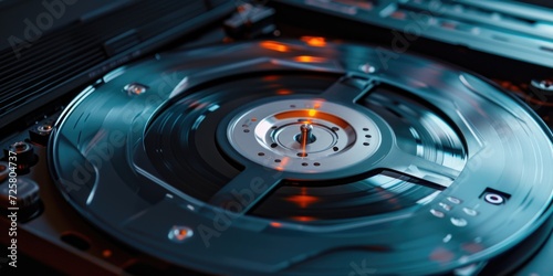 A detailed close-up of a record playing on a turntable. Perfect for music lovers and vinyl enthusiasts.