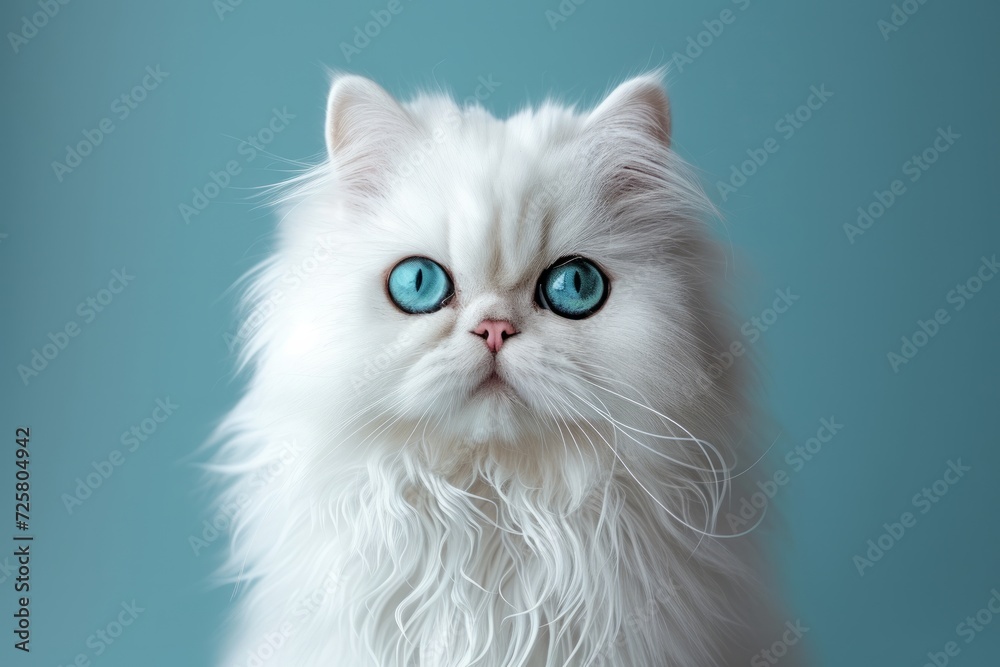 A white fluffy Persian cat with big blue eyes looks at the camera