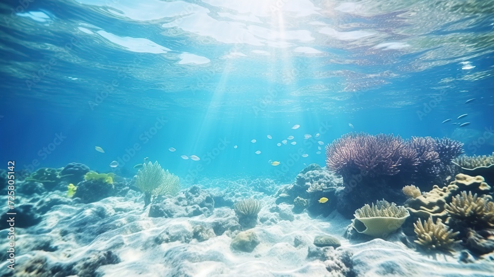 Fototapeta premium Beautiful tropical seabed with reef and sunshine. Blue underwater sea life concept background. Generative AI