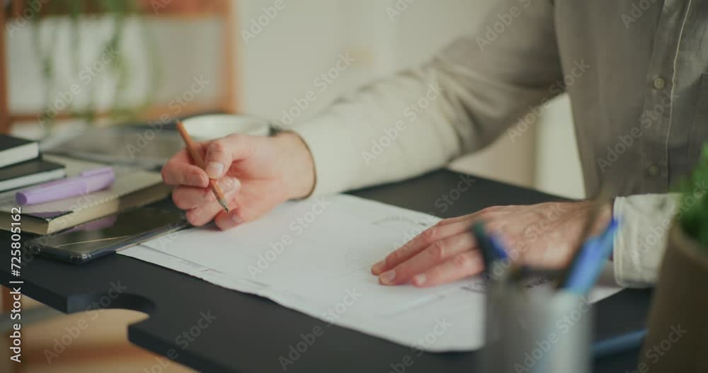 Businessman drawing layout on paper at desk in office Businessman drawing layout on paper at desk in office