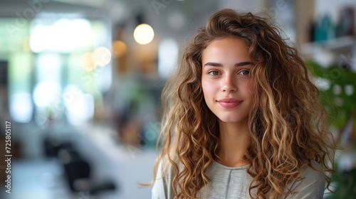 A beautiful curly woman hairdresser stands against a blurred background of a hairdressing salon.