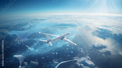 AI generated airplane flies above the clouds, light blue data network