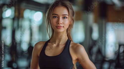 A beautiful young girl in black leggings and a black top stands against the backdrop of the gym. Free Download A beautiful young girl in black leggings and a black top stands against the backdrop of the gym. - GFXLoad