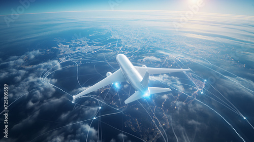 AI generated airplane flies above the clouds, light blue data network