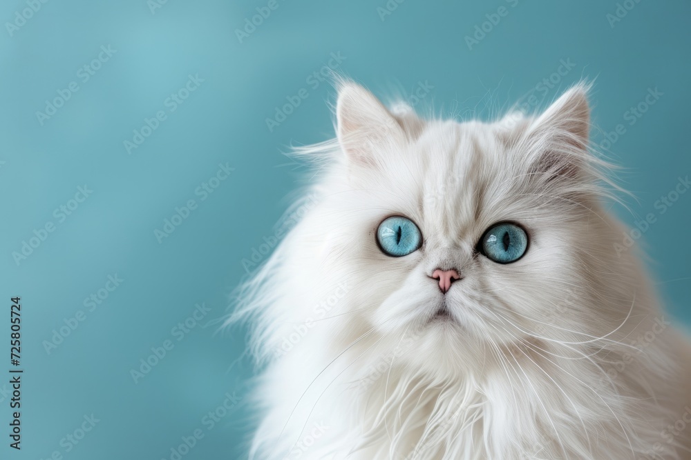 A white fluffy Persian cat with big blue eyes looks at the camera