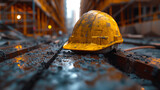 Yellow safety helmet in a construction workspace with a scaffold. Blurred background with sunset and copy space. Labor day.