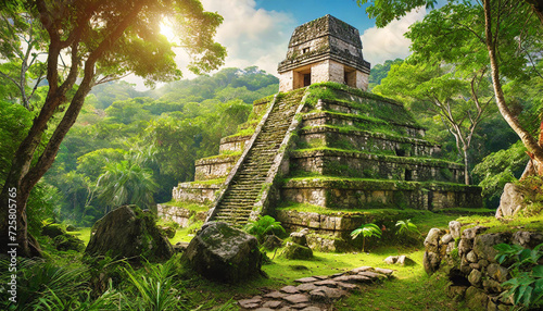 jungle with stone Mayan temple ruins. Fantasy forest landscape with green trees and bushes