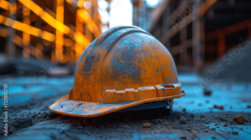 Safety helmet and construction work precautions. Concept of protective equipment and safety equipment. Labor day, blurred background.