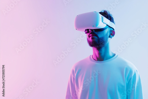 AI generated advertisment shot man wearing vr glasses. photo