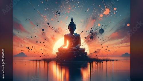 Illustration of a buddha statue silhouette against a sunset background in a splatter paint style. © Milano