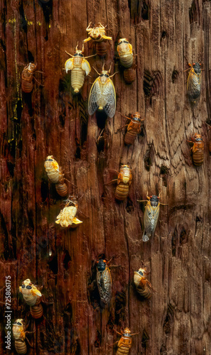 Emerging periodic cicadas at various stages