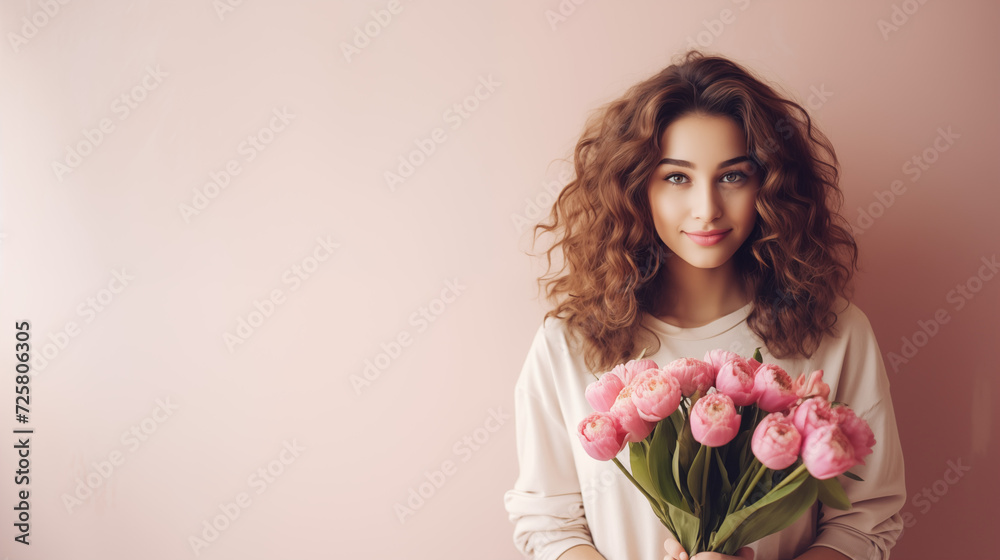 Beautiful pretty girls holding tulips on 8th March International Women's Day on one color background 
