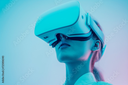 AI generated advertisment shot woman wearing vr glasses.