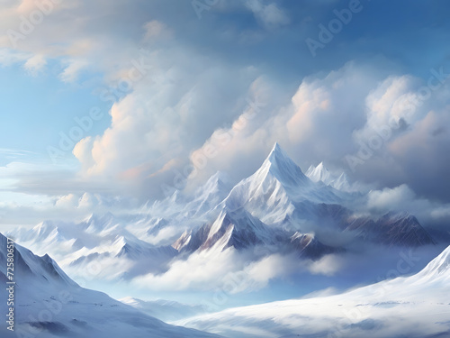 Fantastic snow mountains landscape background. Blue clouds overcast sky © Mx