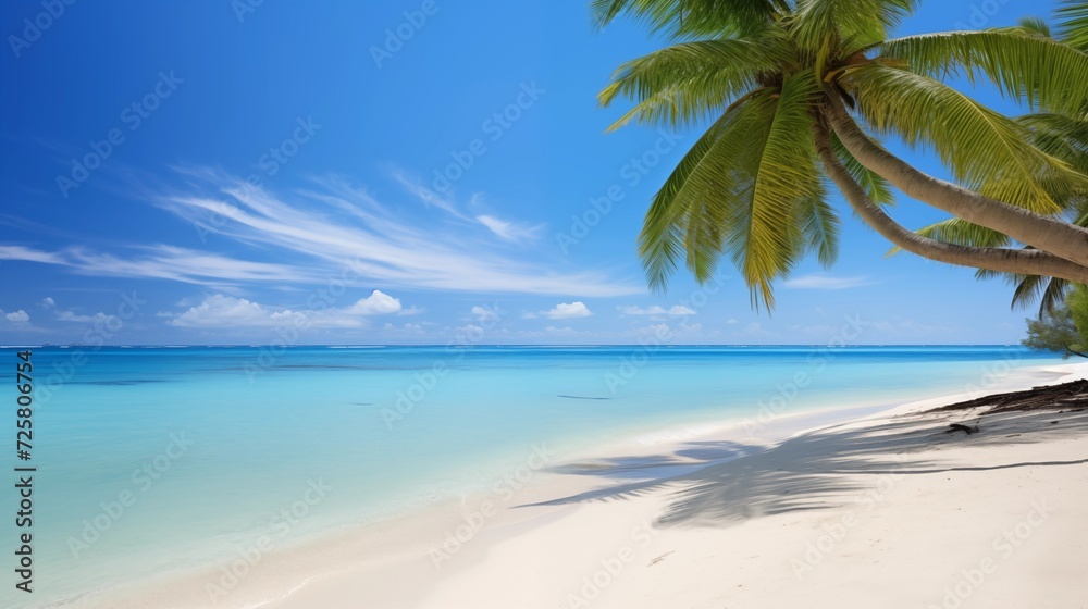 White sandy beaches, crystal-clear turquoise water, and palm trees gently swaying in the breeze