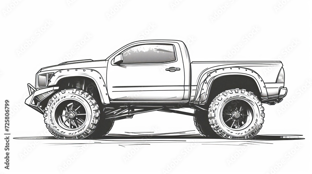 pick up car line art illustration design with 4 big wheels