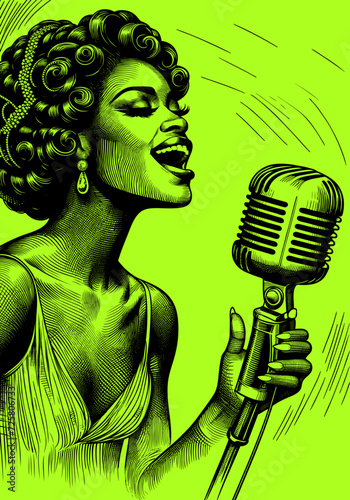 Dessin au trait - Personnage années folles - 1920 - Femme artiste noire qui chante au micro