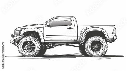 pick up car line art illustration design with 4 big wheels photo