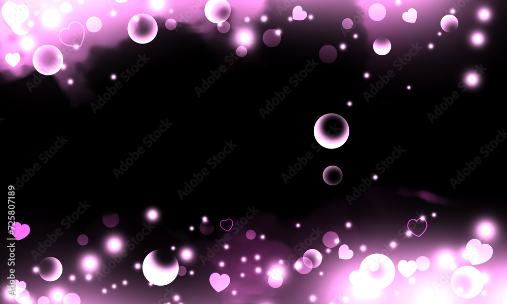pink cloudy effect with bokeh light and hearts on black background