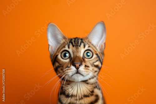 A Bengal cat with big eyes looks at the camera