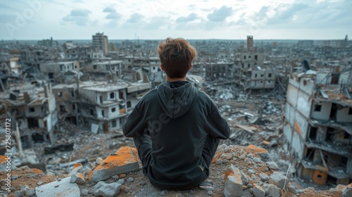 A young man sits with his back and looks at the ruins of a destroyed city.